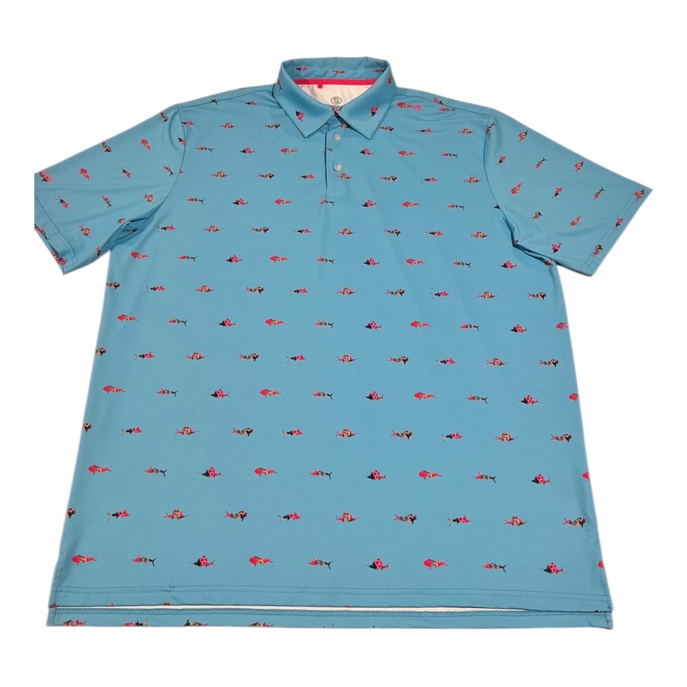 Scales Men's XL Fish Print Performance‎ Golf Polo Short Sleeve Blue